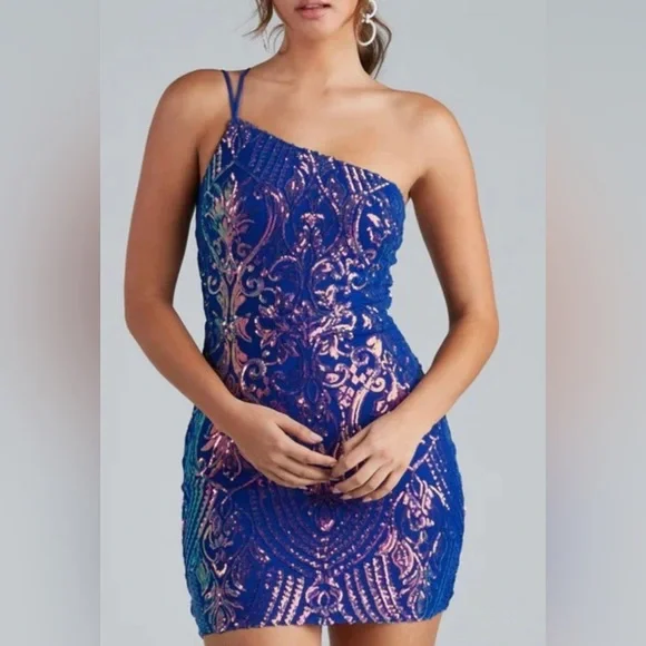 windsor blue sequin dress Kai Formal One-Shoulder Sequin Short Dress main image 0